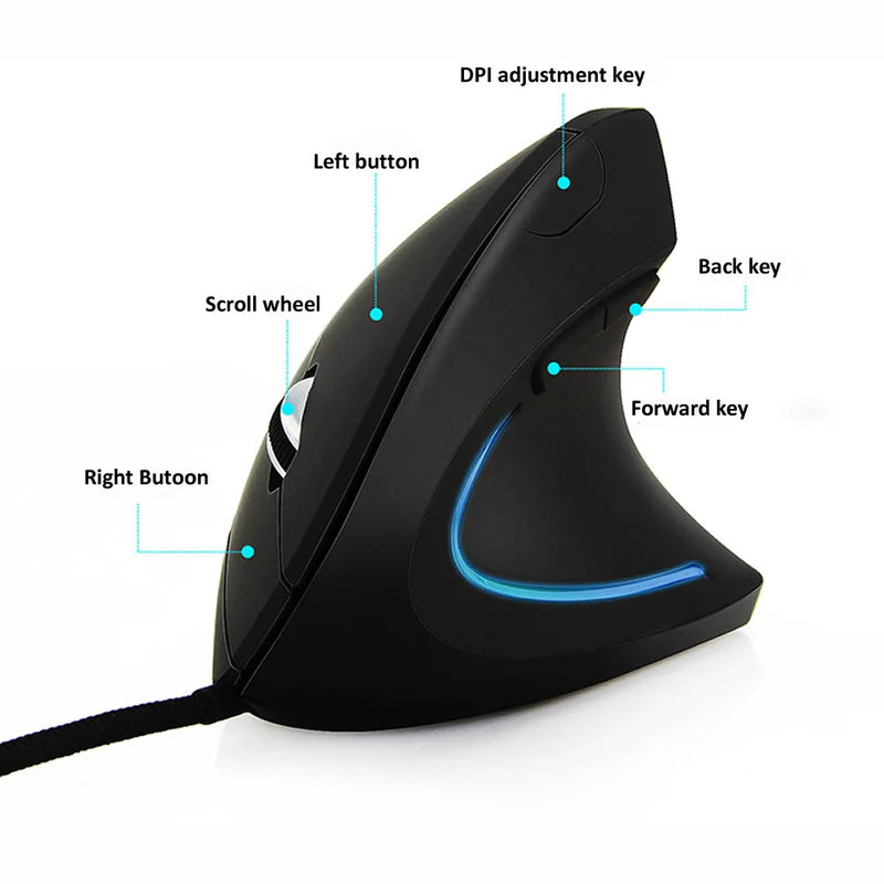 Mouse gamer ergonômico vertical rgb, com fio, mão direita, pulso óptico, saudável, para pc, computador