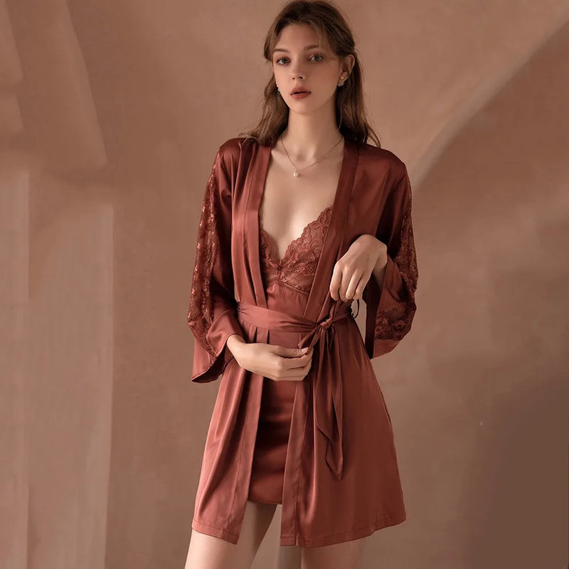 Women’s Sexy Faux Silk Kimono Robe Set