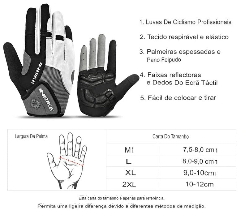 Luvas de Ciclismo com Dedos Inteiros e Almofadas de Gel | Luvas para Bicicleta de Estrada para Homens e Mulheres