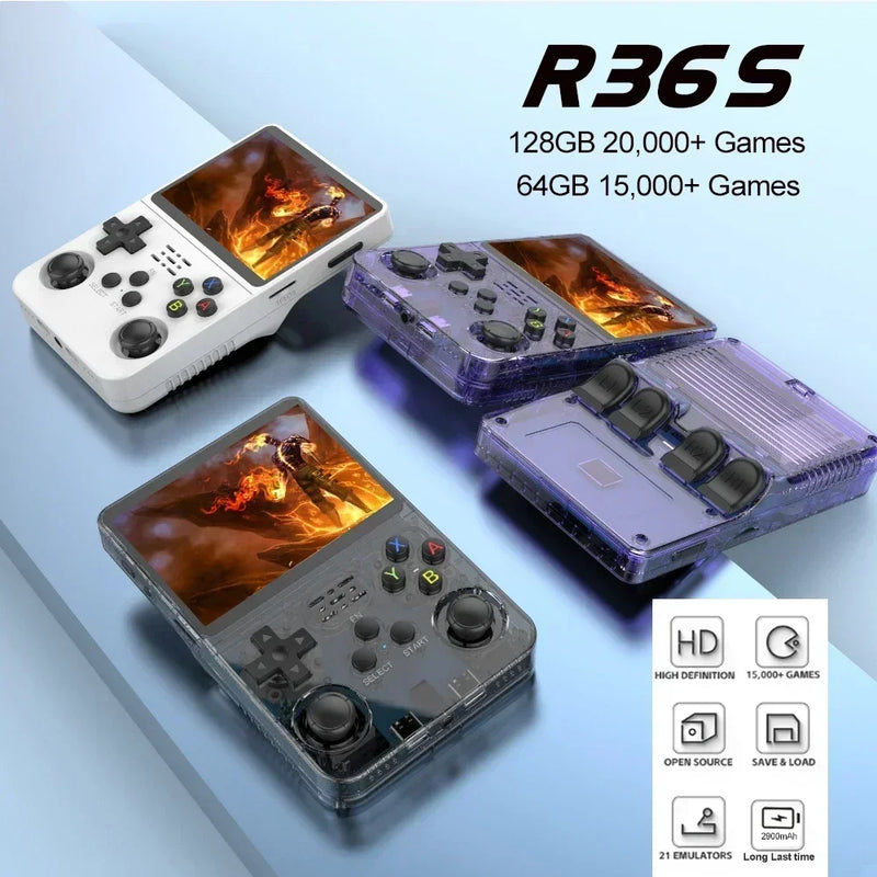 Console de Jogos R36S - Sistema Linux, Tela IPS 3,5", 128GB, Portátil e Completo