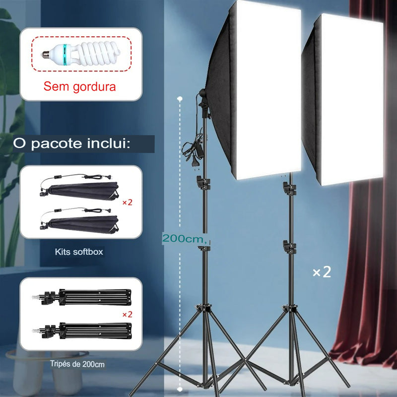 Softbox de Iluminação Fotográfica Profissional com Tripé e Sistema de Luz Contínua