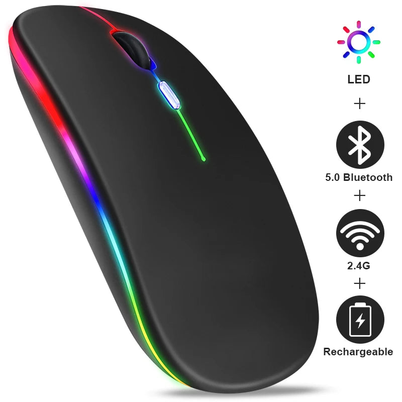 Rato sem fio rgb recarregável bluetooth, Mause led backlit ergonômico gaming