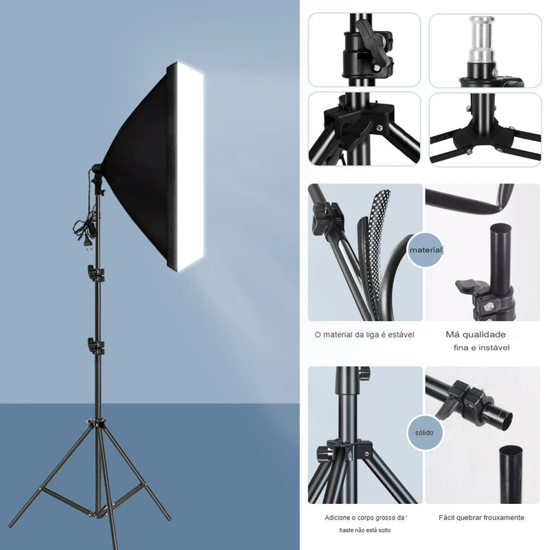 Softbox de Iluminação Fotográfica Profissional com Tripé e Sistema de Luz Contínua