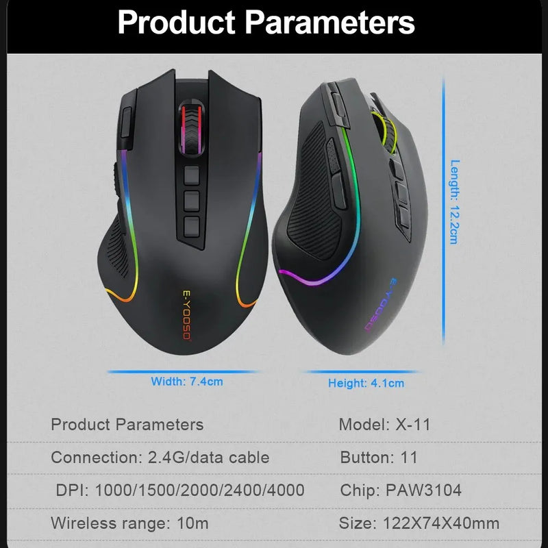 Mouse para jogos sem fio com 9 botões programáveis ergonômicos