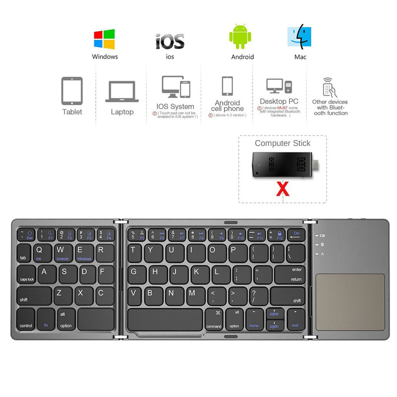 Mini teclado dobrável com touchpad e bluetooth sem fio